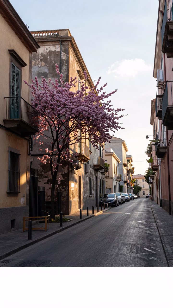 First Light Morning in Naples Italy Street Scene with Dogwood Tree in in Naples, Italy