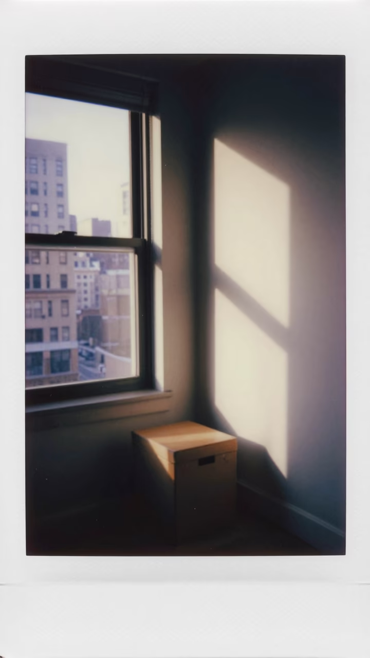 First Light Morning in New York City Apartment with Shoebox and Rattan Stool in in New York, New York, United States