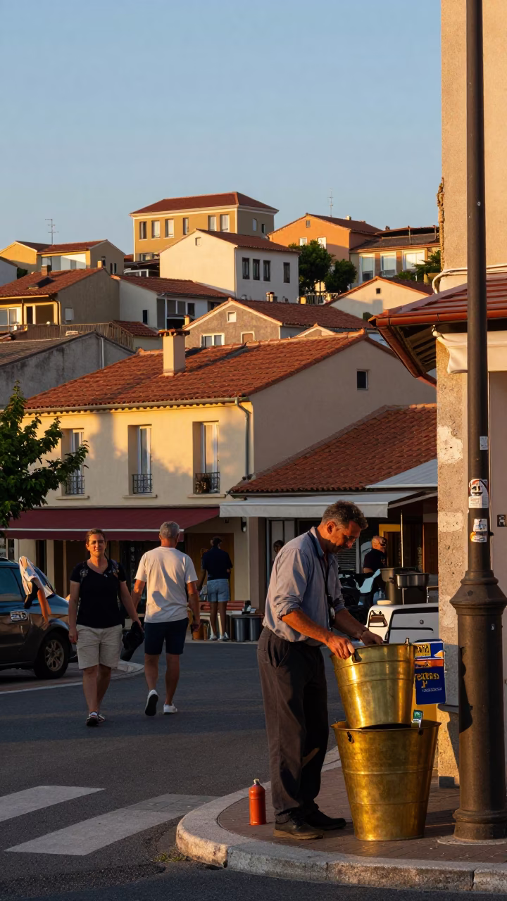 First Light Morning in Nice France with Brass Bucket and Local Street Scene in in Nice, France