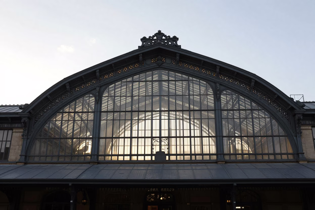 First Light Morning in Nice France with Vintage Train Station Glass Arches in in Nice, France