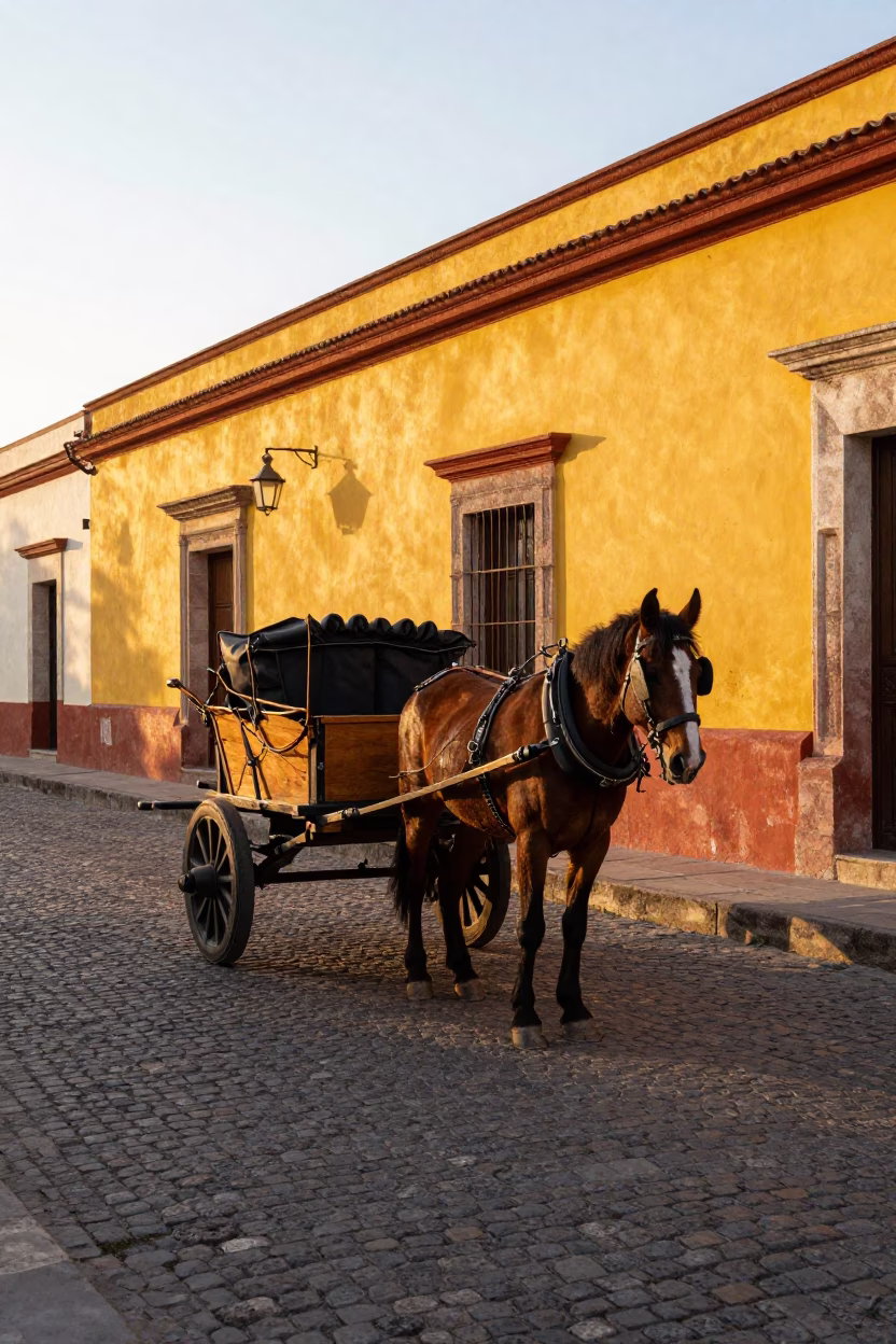 First Light Morning in Oaxaca Mexico with Horse Drawn Cart on Cobblestone Street in in Oaxaca, Mexico