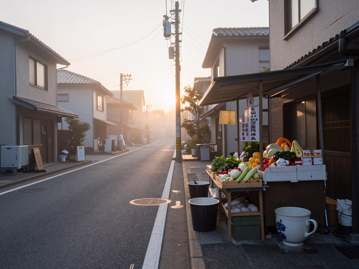 First Light Morning in Osaka Japan Street Scene with Ceramic Cup in in Osaka, Japan