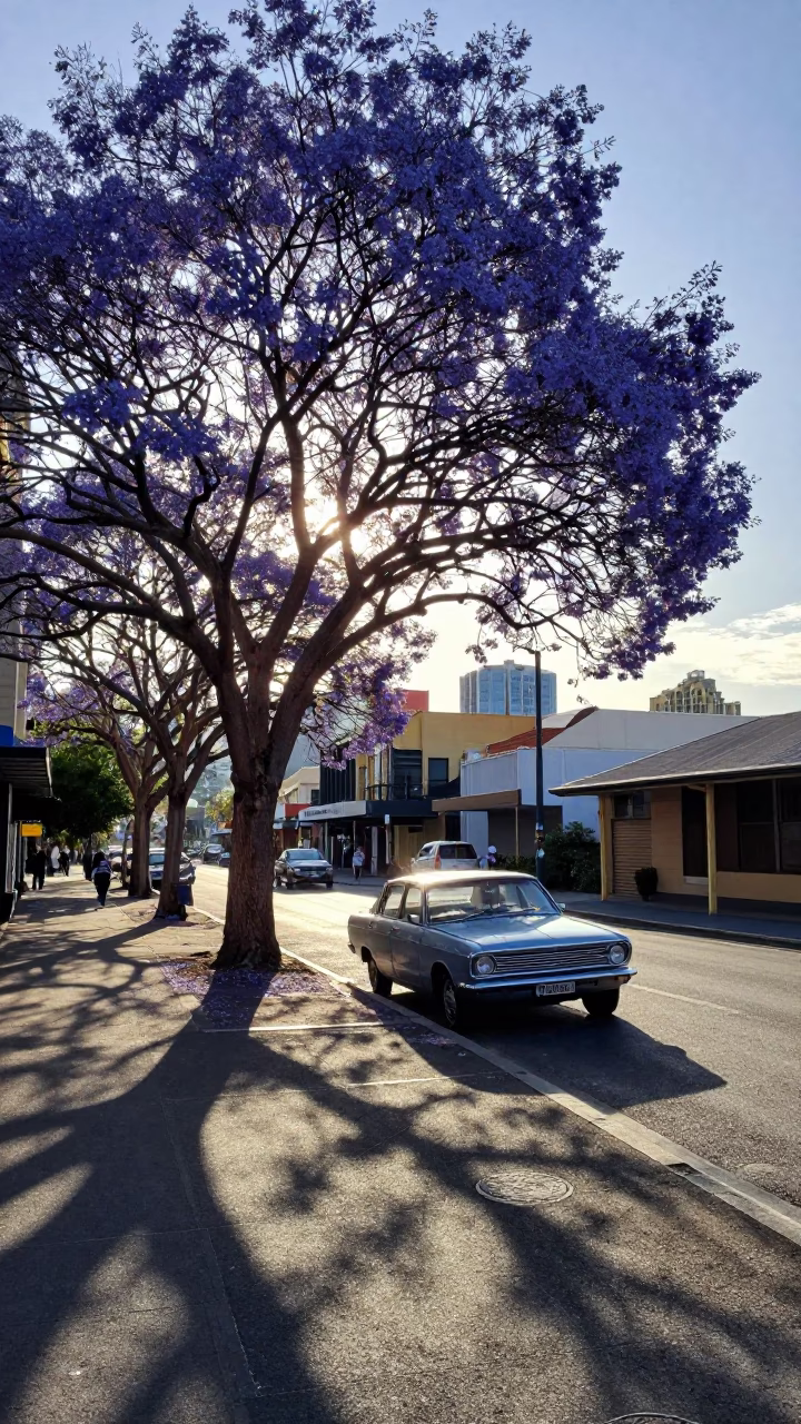 First Light Morning in Perth Western Australia Jacaranda Tree Purple Bloom Street Scene in in Perth, Western Australia, Australia