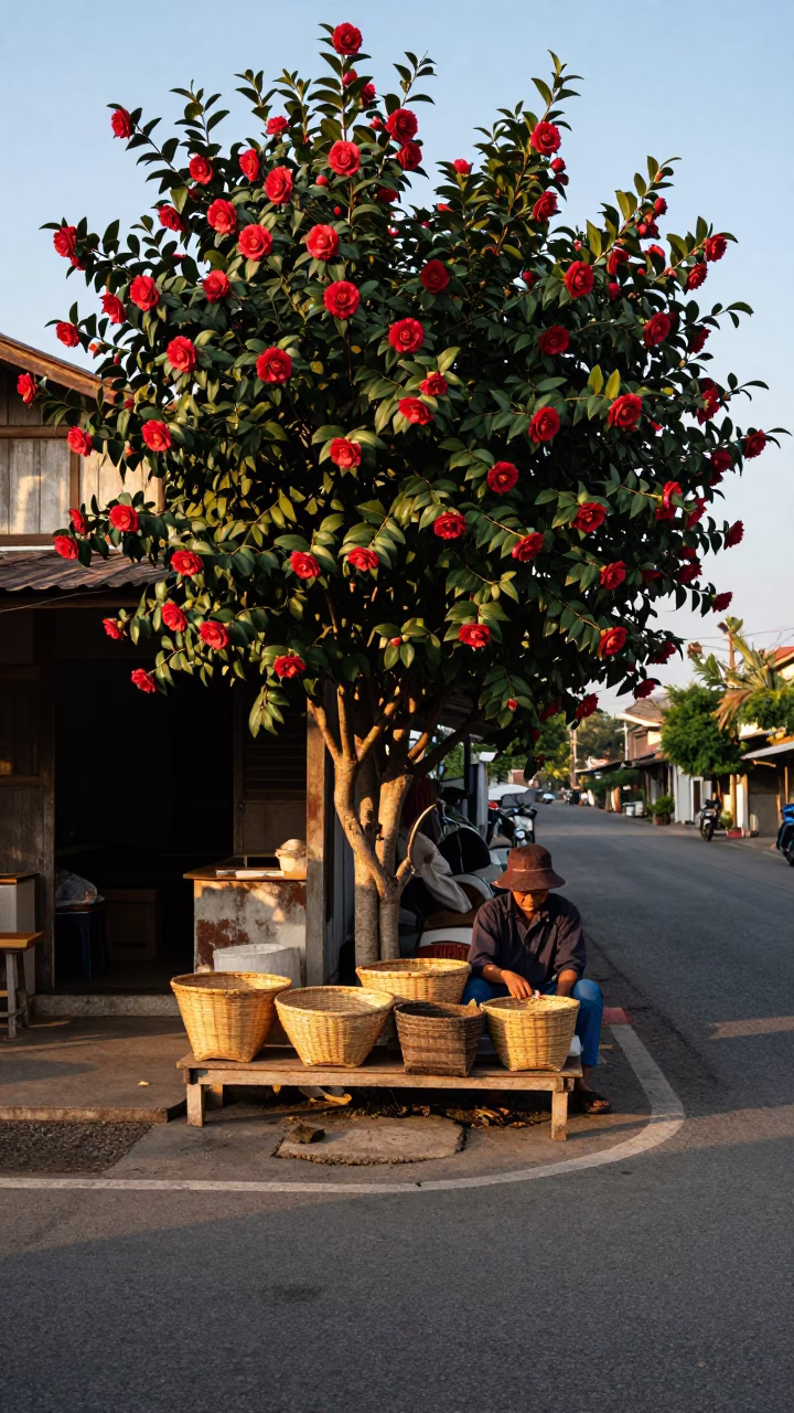 First Light Morning in Phuket Thailand Street Scene with Camellia and Local Life in in Phuket, Thailand