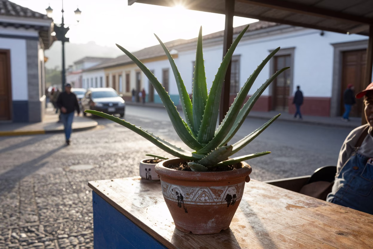First Light Morning in Quito Ecuador Street Vendor Scene with Aloe Vera in in Quito, Ecuador