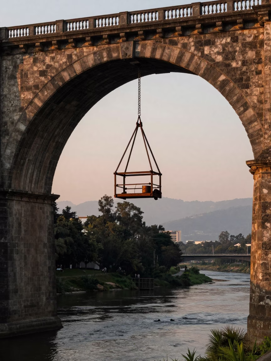 First Light Morning in Quito Ecuador with Bridge Maintenance and River in in Quito, Ecuador