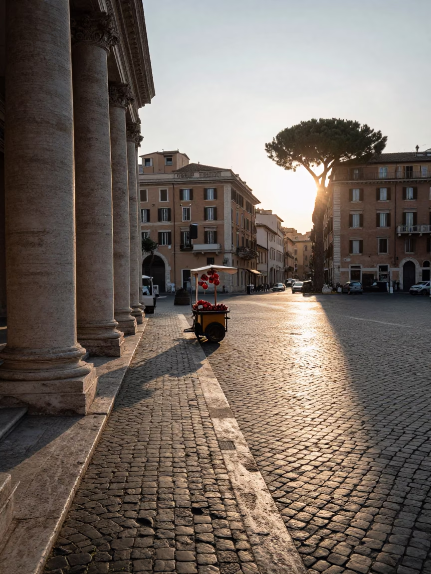 First Light Morning in Rome Italy Street Scene with Pomegranate and Vintage Details in in Rome, Italy