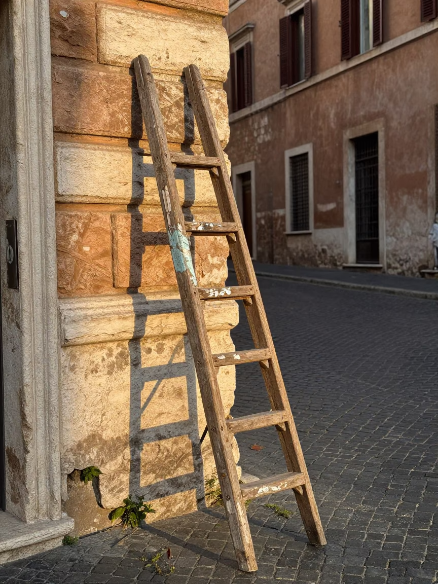 First Light Morning in Rome Italy Wooden Ladder Paint Flecks Urban Construction Scene in in Rome, Italy