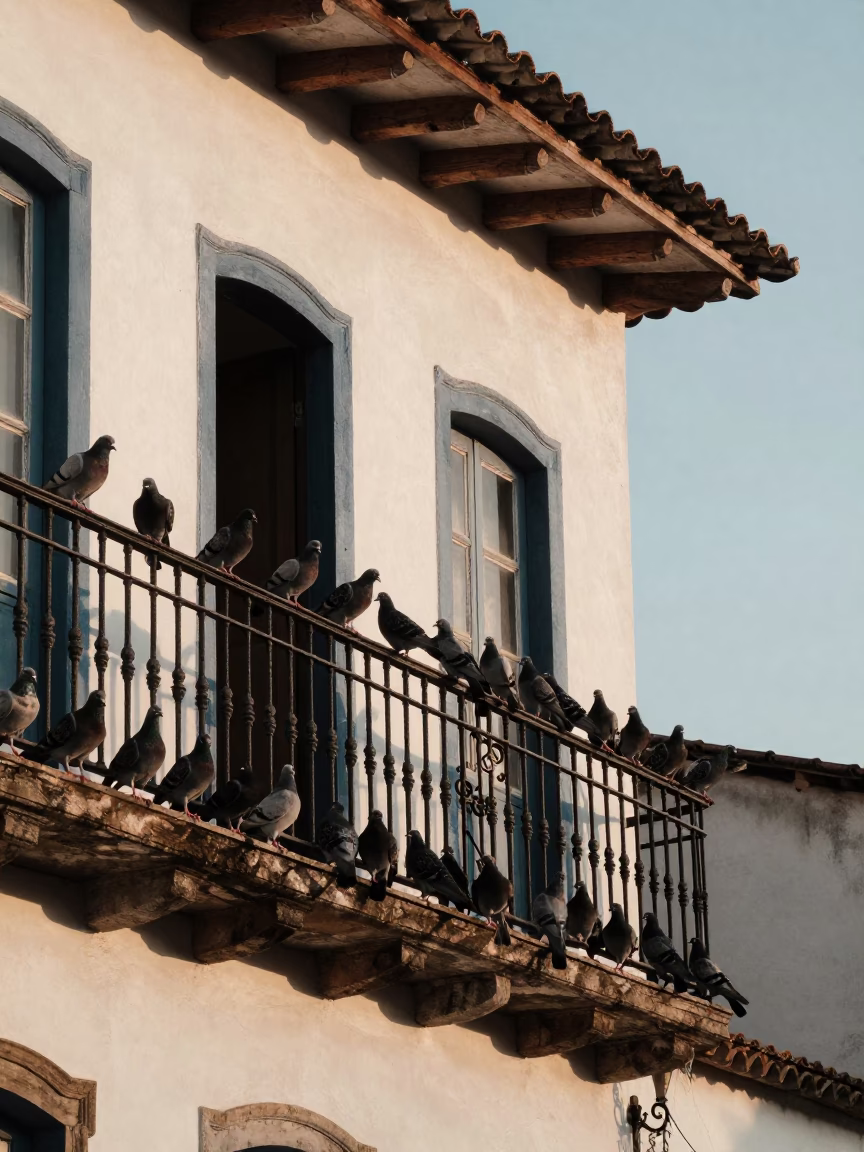First Light Morning in Salvador Brazil Pigeons on Colonial Balcony with Local Details in in Salvador, Brazil