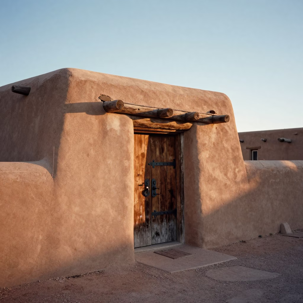 First Light Morning in Santa Fe New Mexico Adobe Architecture and Desert Landscape in in Santa Fe, New Mexico, United States