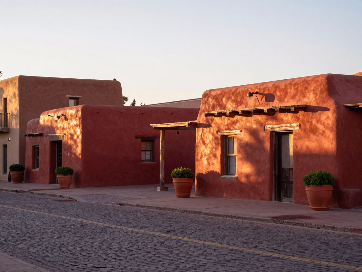 First Light Morning in Santa Fe New Mexico with Terracotta Pots and Fresh Peaches in in Santa Fe, New Mexico, United States