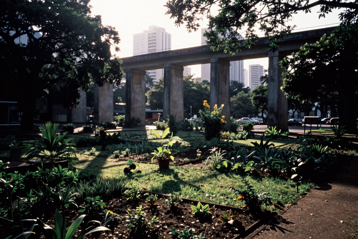 First Light Morning in São Paulo Viaduct Shadow Over Urban Gardens in in São Paulo, Brazil