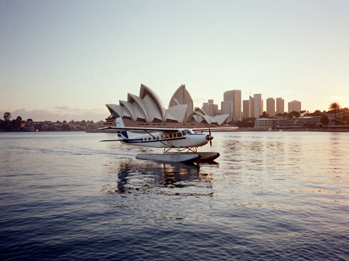 First Light Morning in Sydney Harbour with Floatplane and City Skyline Reflection in in Sydney, New South Wales, Australia