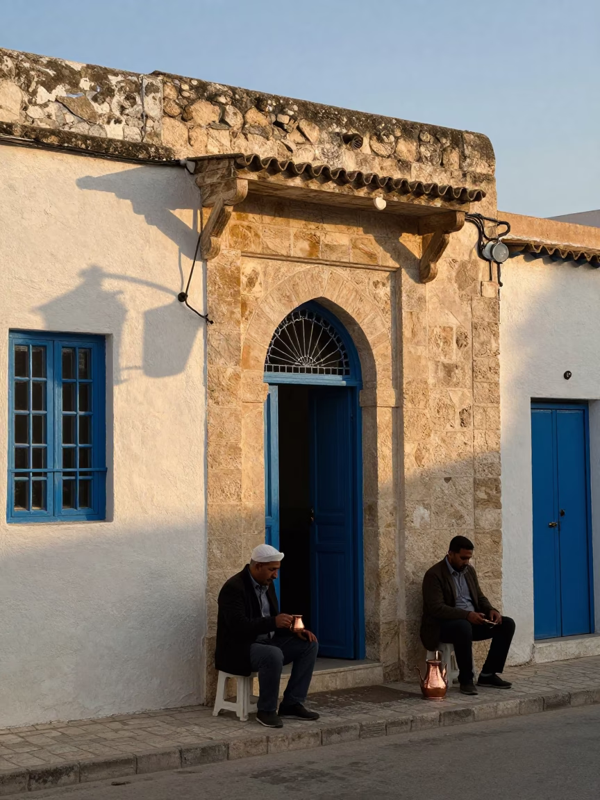 First Light Morning in Tunis Tunisia Street Scene with Copper Coffee Pot in in Tunis, Tunisia