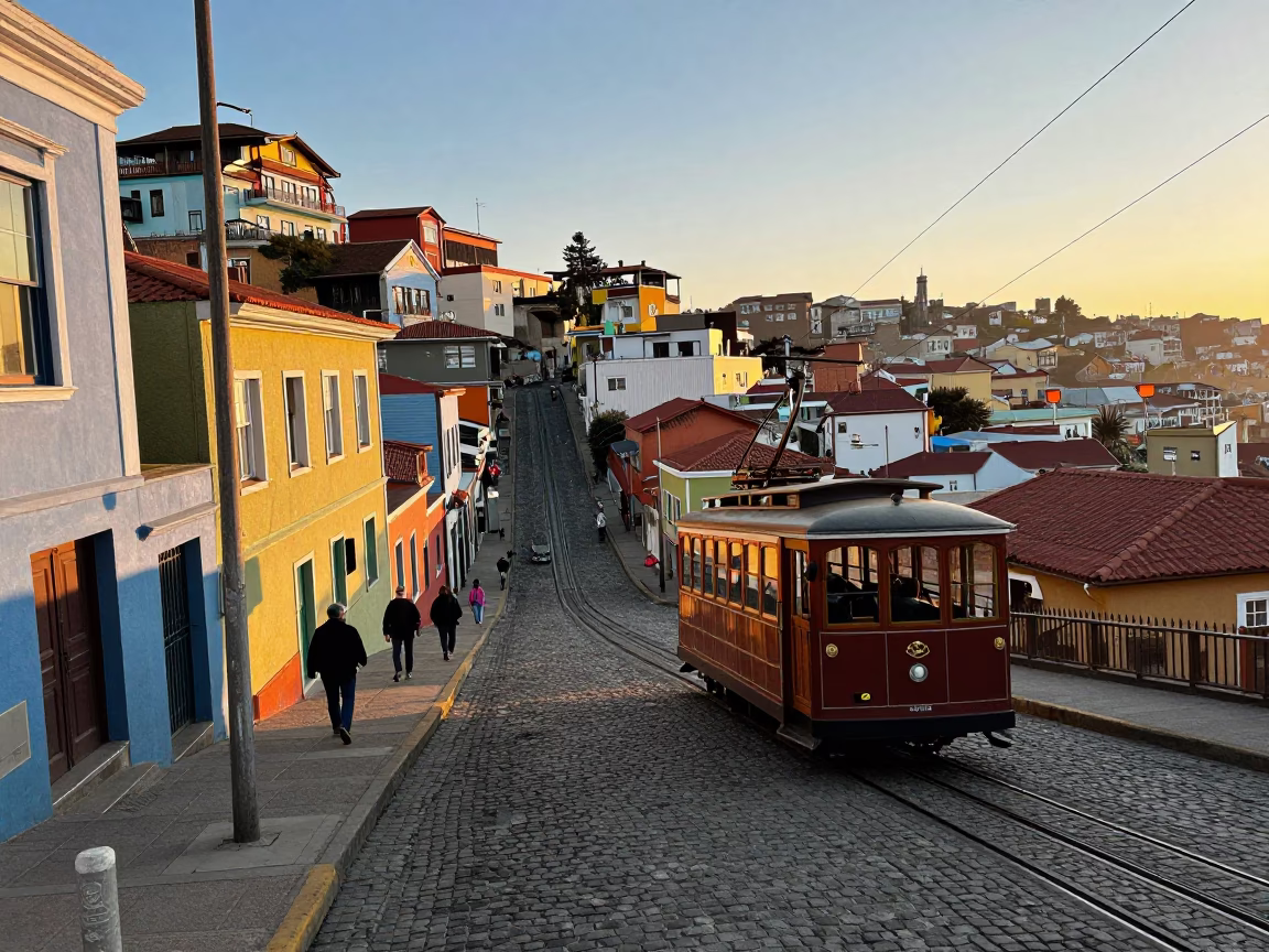 First Light Morning in Valparaiso Chile Street Scene with Funicular and Coastal Harbor in in Valparaiso, Chile