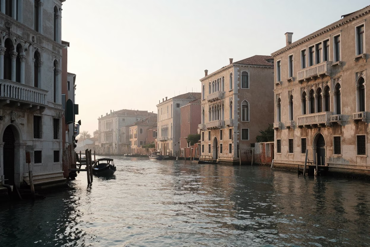 First Light Morning in Venice Italy with Canal Water and Historic Architecture in in Venice, Italy