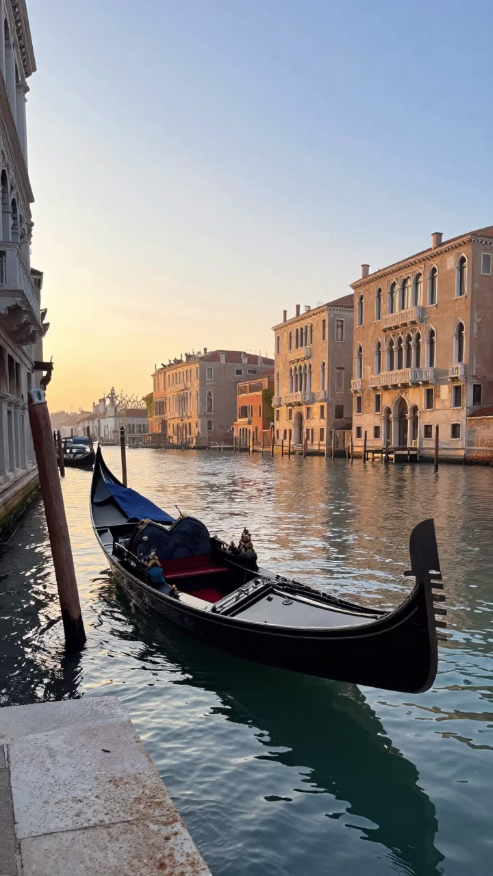 First Light Morning in Venice Italy with Gondola and Historic Architecture in in Venice, Italy