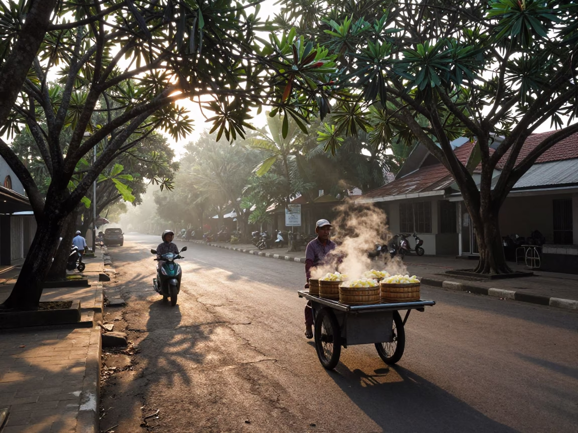 First Light Morning in Yogyakarta Indonesia Street Scene with Scooter and Lantern in in Yogyakarta, Indonesia