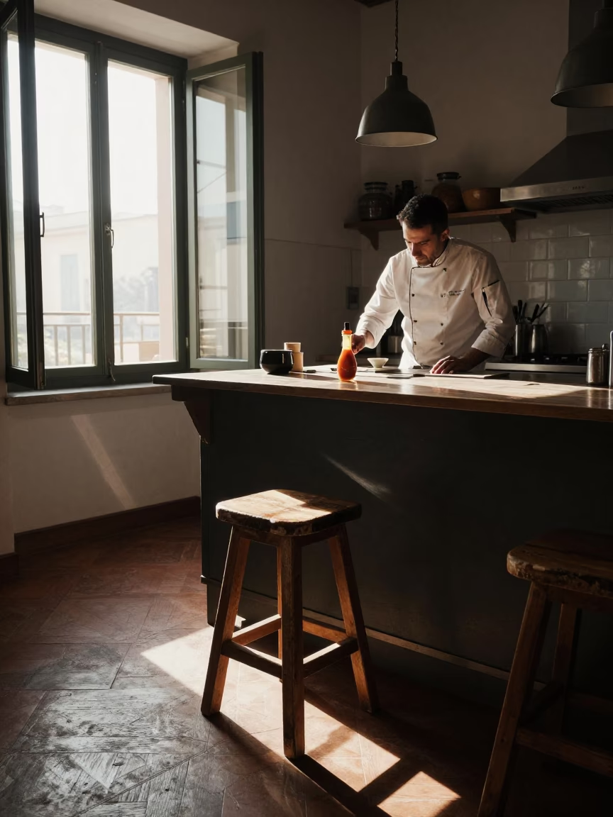 First Light Morning Kitchen in Palermo Italy with Chef Tasting Sauce from Wooden Spoon in in Palermo, Italy