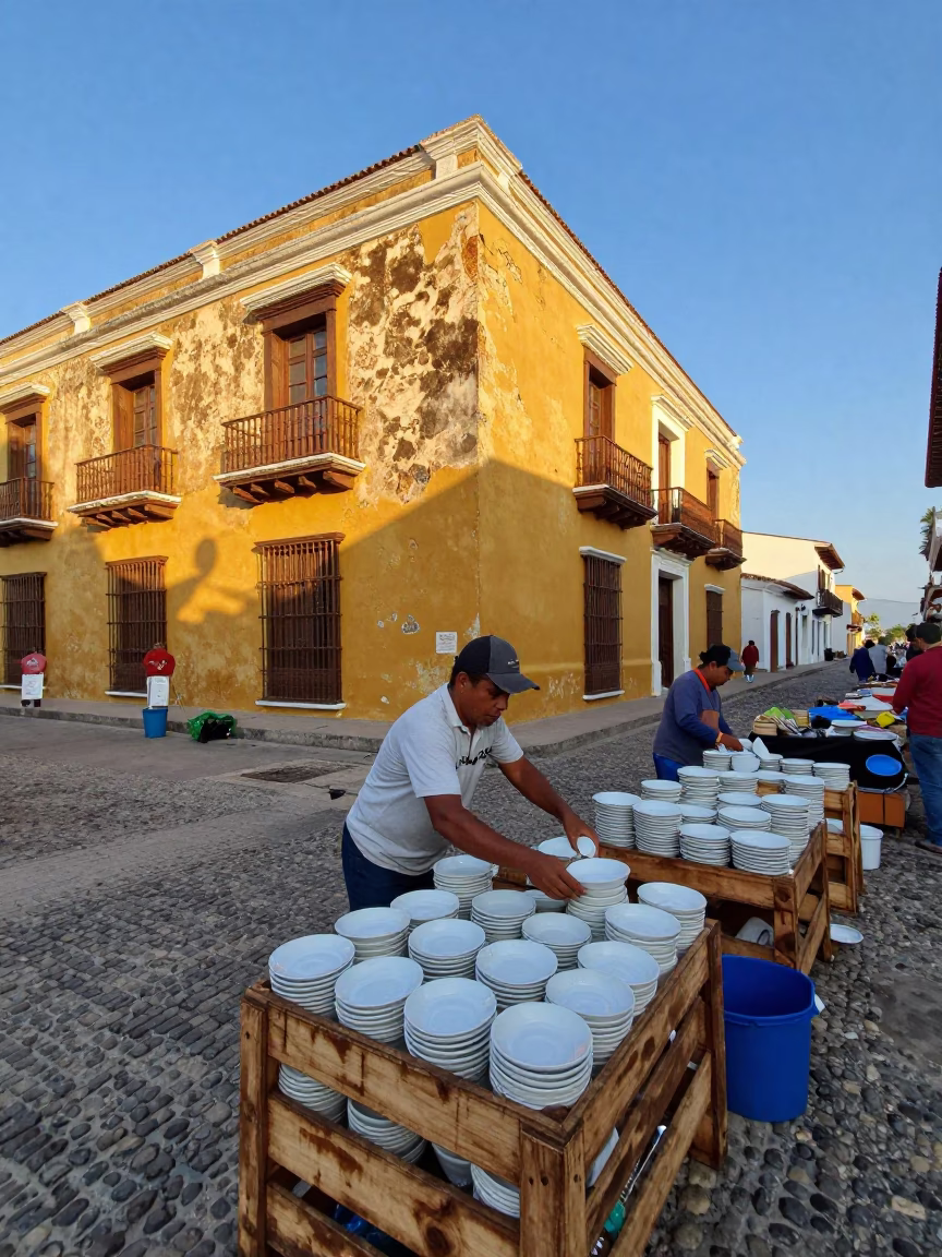 First Light Morning Market Activity in Colonial Cartagena Colombia with Ceramic Saucers in in Cartagena, Colombia