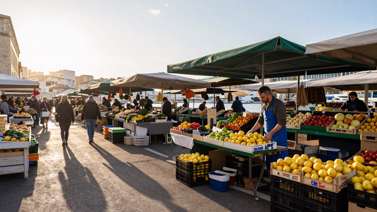 First Light Morning Market Activity in Marseille France with Local Produce and Urban Architecture in in Marseille, France