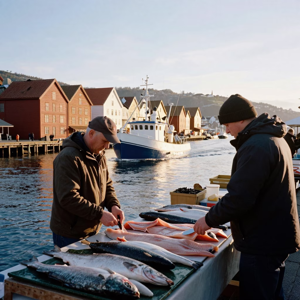 First Light Morning Market Scene in Bergen Norway with Fish Trawler and Condensation in in Bergen, Norway