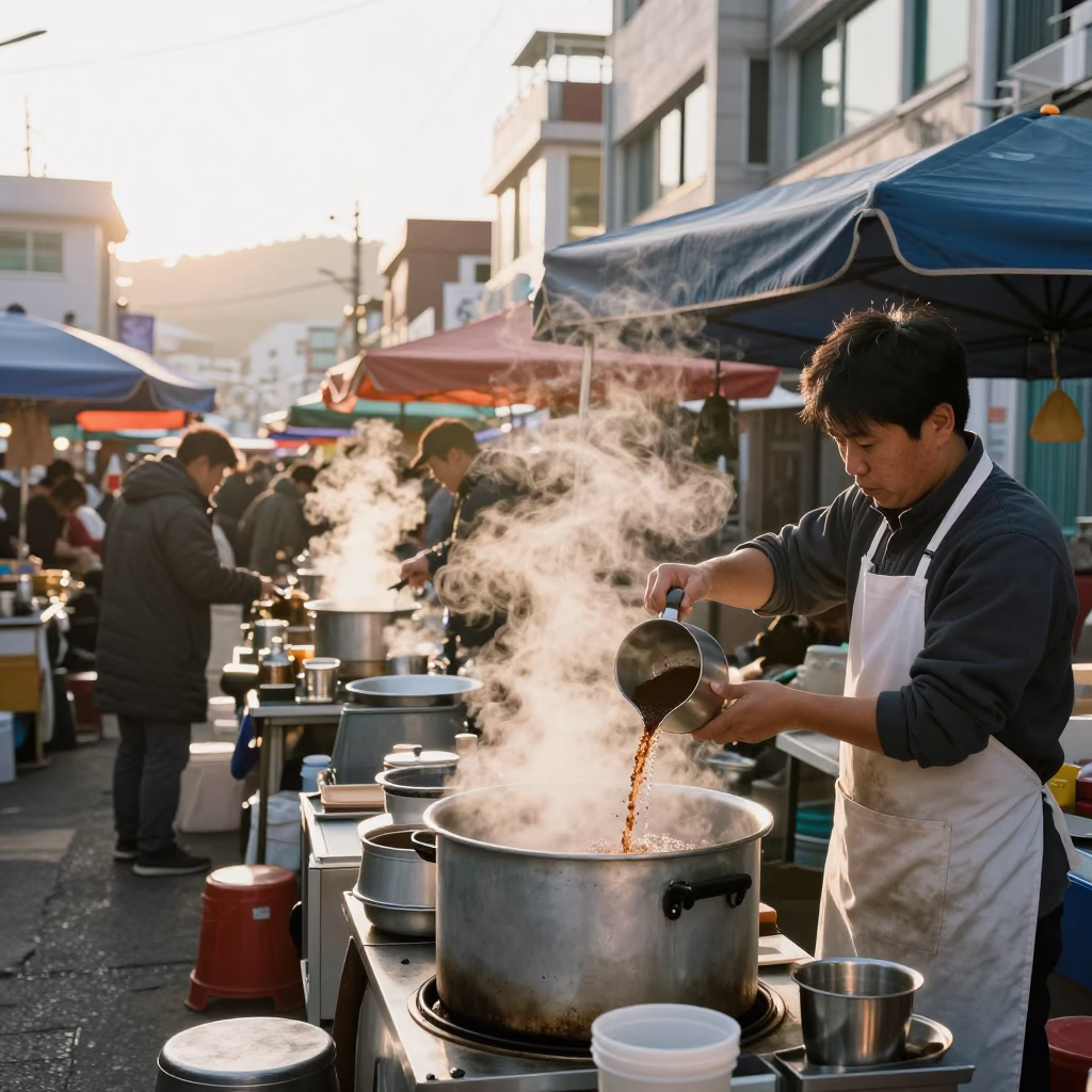 First Light Morning Market Scene in Busan South Korea with Coffee and Kitchenware in in Busan, South Korea