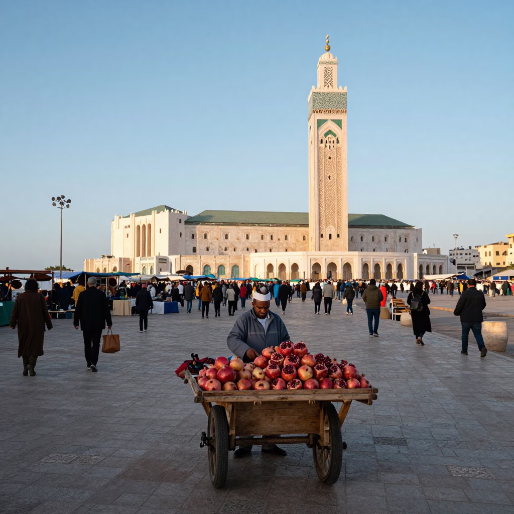 First Light Morning Market Scene in Casablanca Morocco with Pomegranate and Vintage Plate in in Casablanca, Morocco