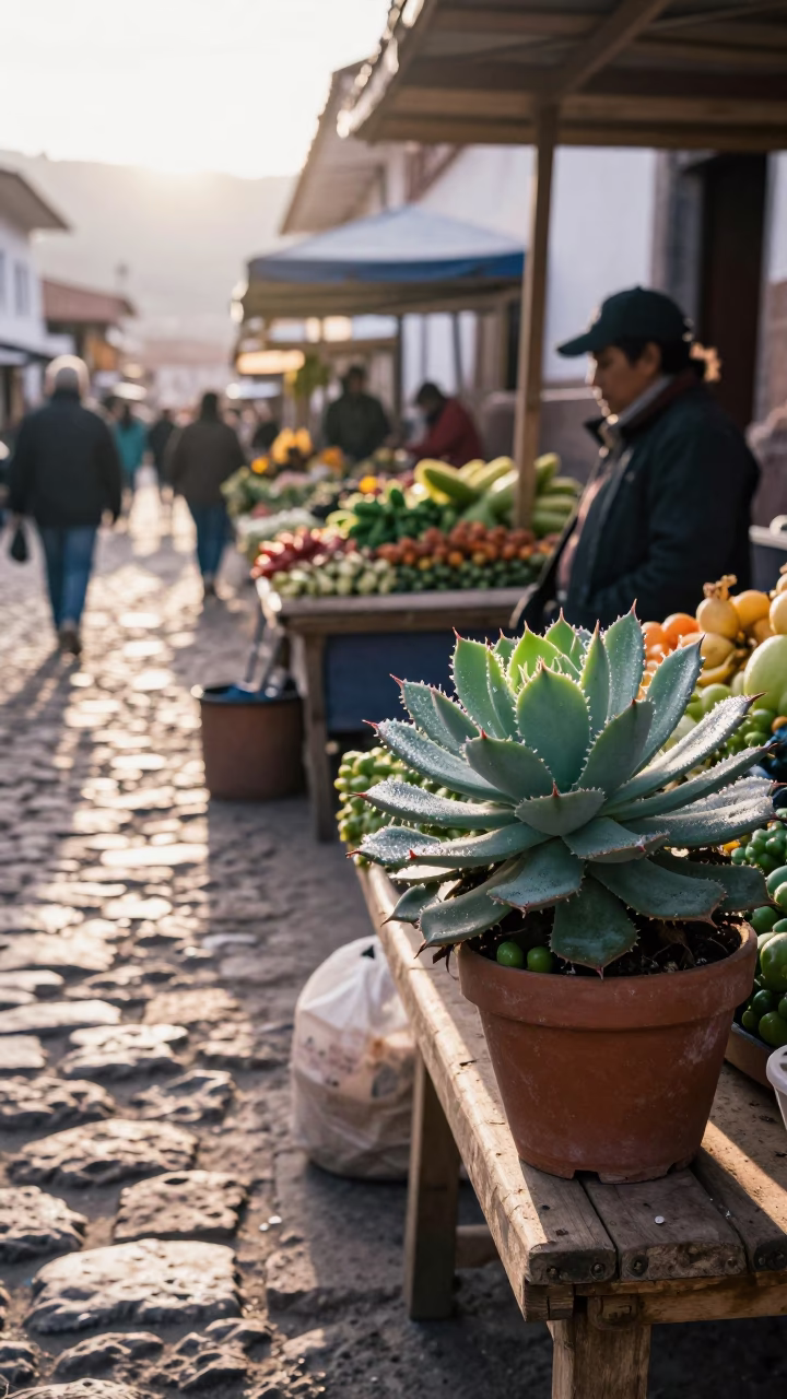 First Light Morning Market Scene in Cusco Peru With Echeveria Plant in in Cusco, Peru