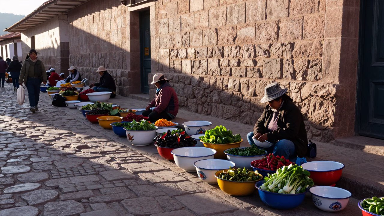 First Light Morning Market Scene in Cusco Peru with Enamel Bowls and Local Vendors in in Cusco, Peru