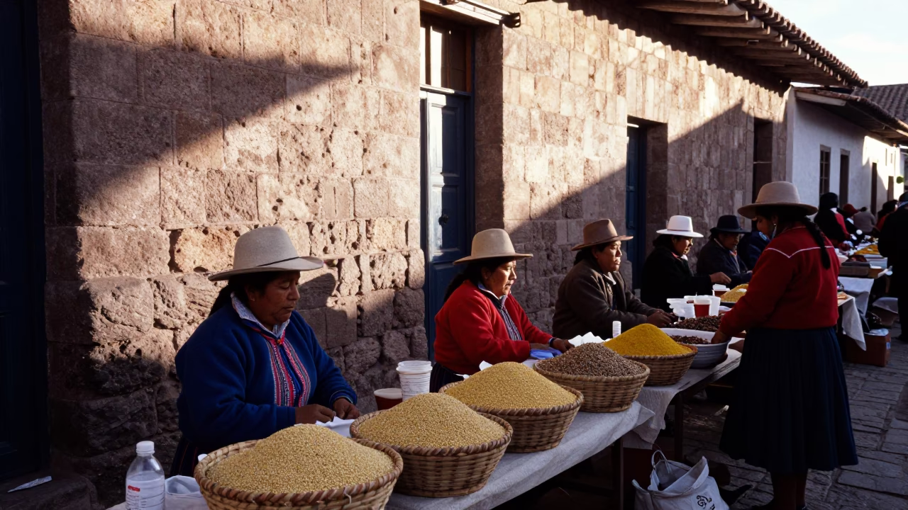 First Light Morning Market Scene in Cusco Peru With Local Vendors And Stone Architecture in in Cusco, Peru