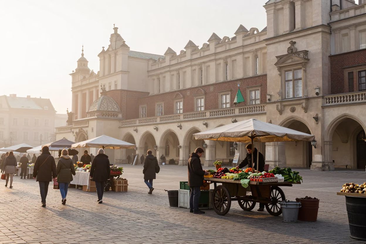 First Light Morning Market Scene in Krakow Poland with Vintage 1960s Atmosphere in in Krakow, Poland