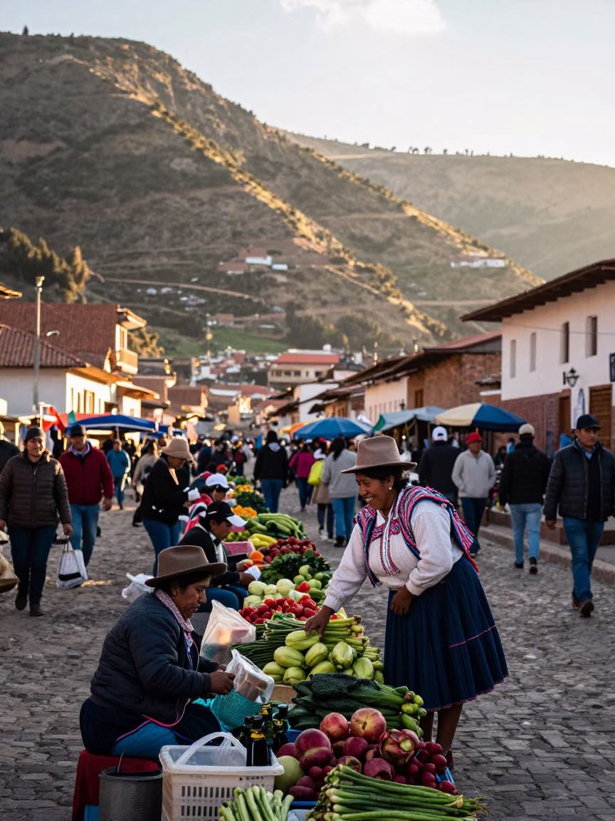 First Light Morning Market Scene in La Paz Bolivia with Local Vendors and Produce in in La Paz, Bolivia