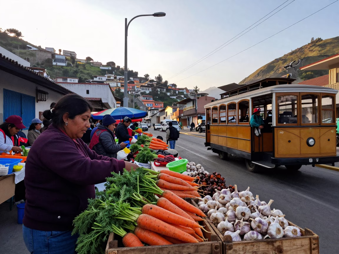 First Light Morning Market Scene in Lima Peru with Cable Car View in in Lima, Peru