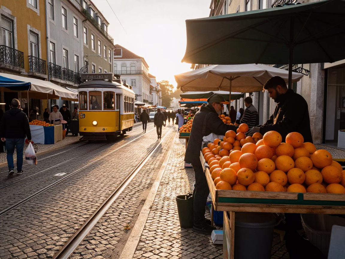 First Light Morning Market Scene in Lisbon Portugal with Oranges and Wicker Shadows in in Lisbon, Portugal