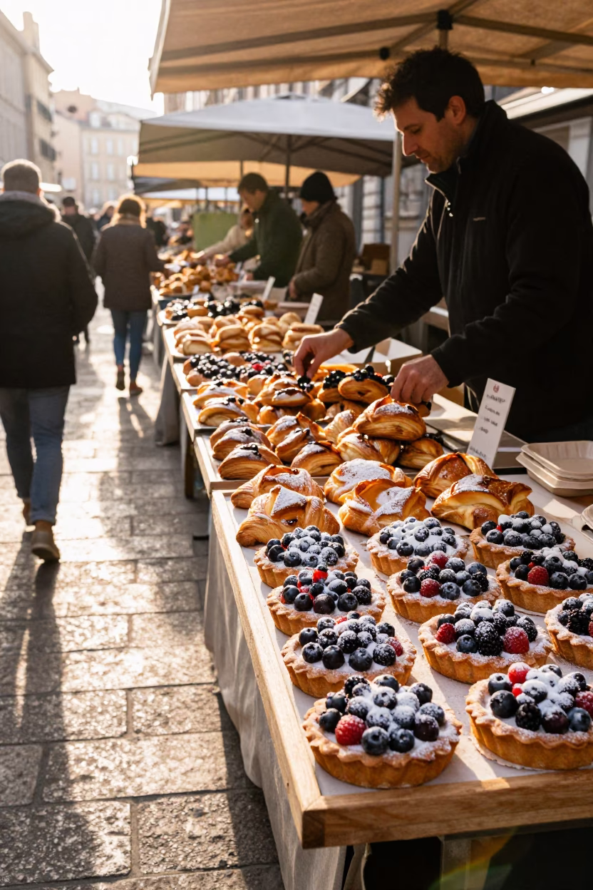 First Light Morning Market Scene in Lyon France with Fresh Pastries and Local Interaction in in Lyon, France