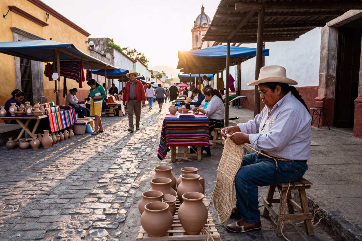 First Light Morning Market Scene in Oaxaca Mexico with Local Artisans and Traditional Crafts in in Oaxaca, Mexico
