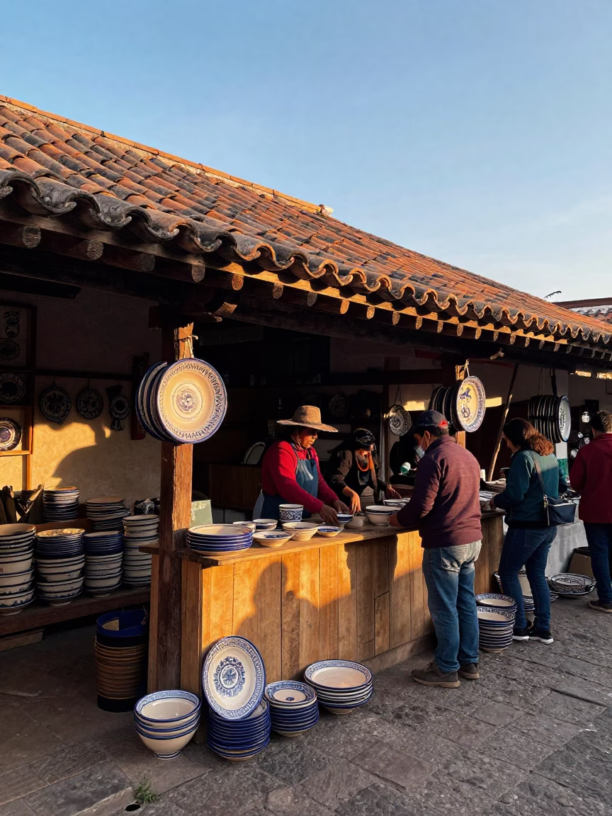 First Light Morning Market Scene in Quito Ecuador with Ceramic Plates in in Quito, Ecuador