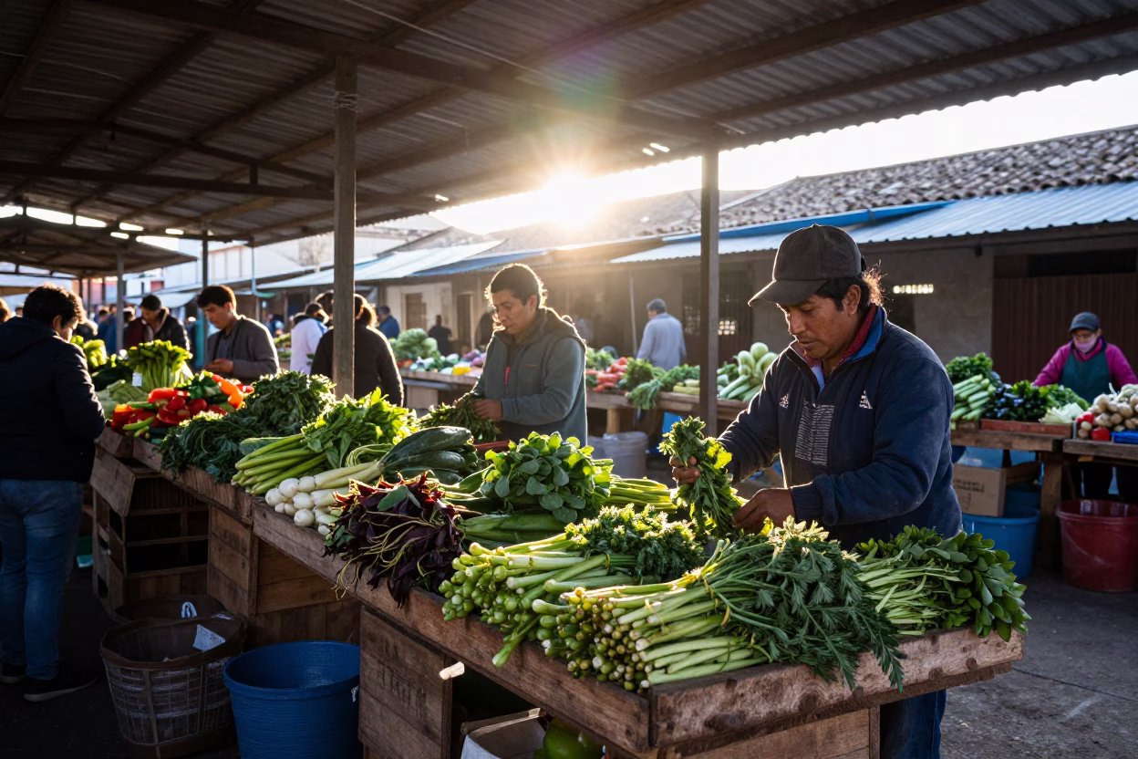 First Light Morning Market Scene in Quito Ecuador with Local Produce and Flowering Plants in in Quito, Ecuador