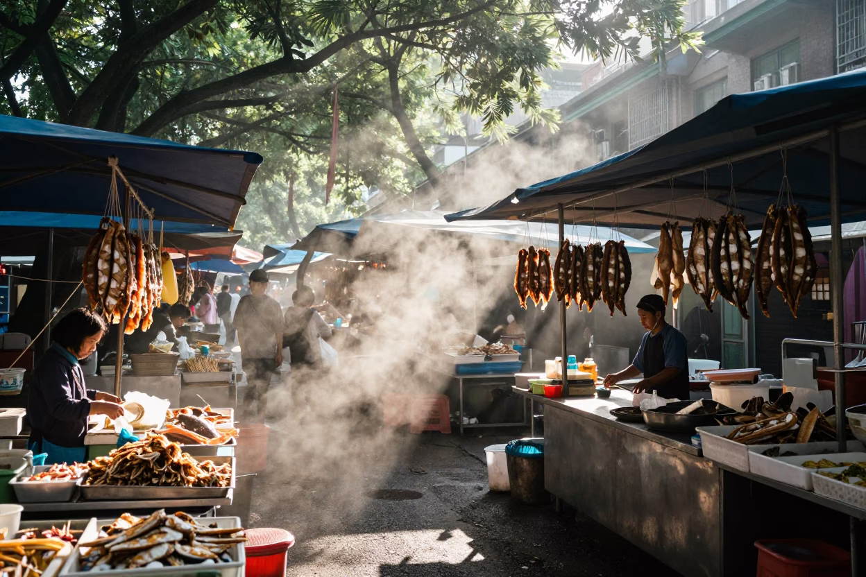 First Light Morning Market Scene in Taipei Taiwan with Steam and Local Commerce in in Taipei, Taiwan