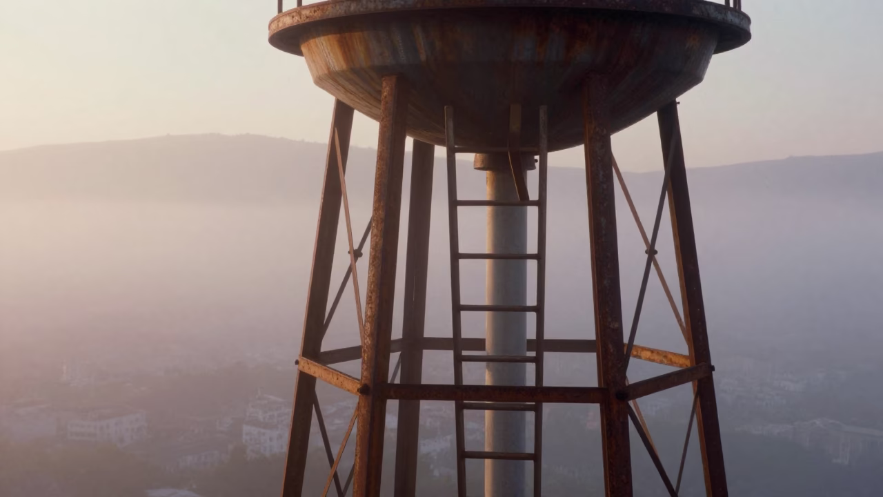 First Light Morning Mist Over Athens Water Tower Ladder and Fruit Stall in in Athens, Greece
