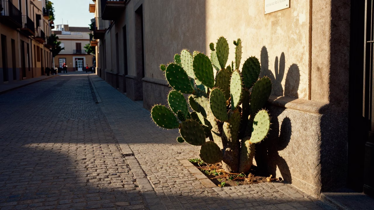 First Light Morning on Barcelona Street with Prickly Pear Cactus and Stacked Ceramic Plates in in Barcelona, Spain