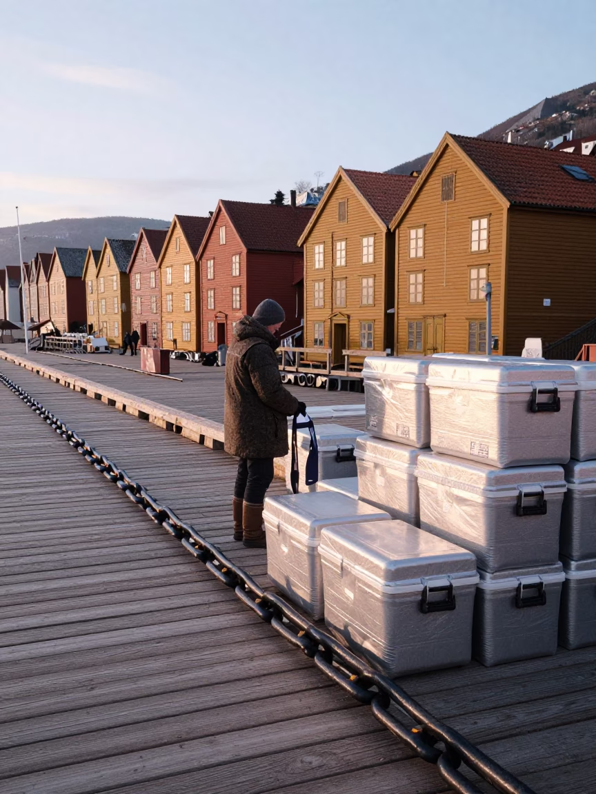 First Light Morning on Bergen Norway Wharf with Cold Chain Logistics Crates in in Bergen, Norway