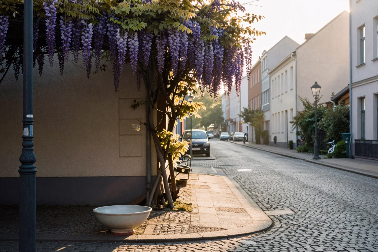 First Light Morning on Berlin Street with Ceramic Bowl and Wisteria Tunnel Bloom in in Berlin, Germany