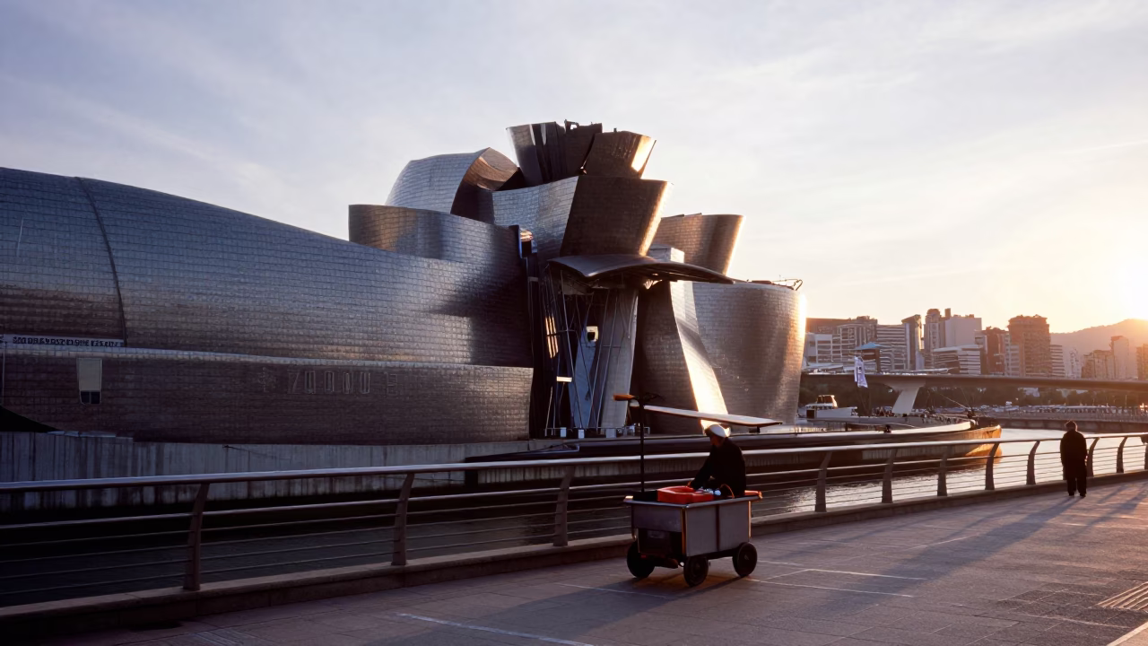 First Light Morning on Bilbao’s Guggenheim Bridge with Crowbar and Deck of Cards in in Bilbao, Spain
