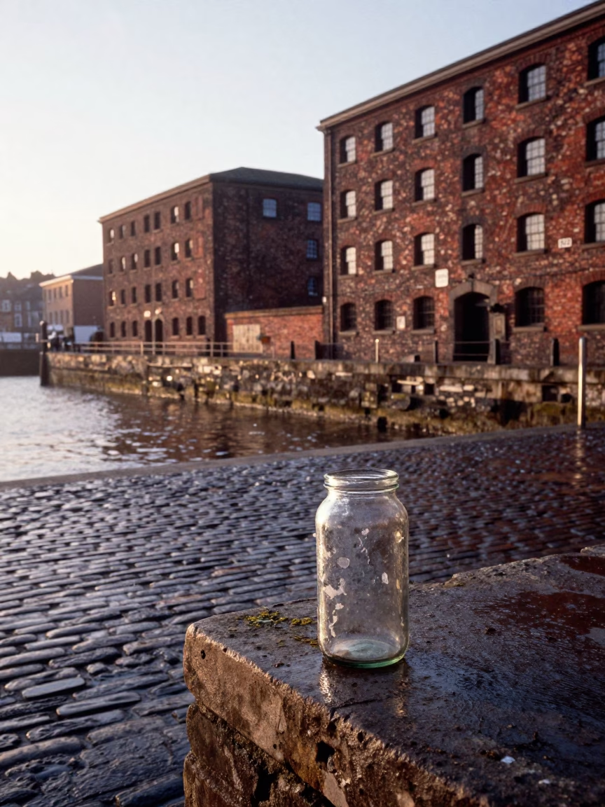 First Light Morning on Bristol Harbour with Glass Bottle and Brass Hardware in in Bristol, United Kingdom
