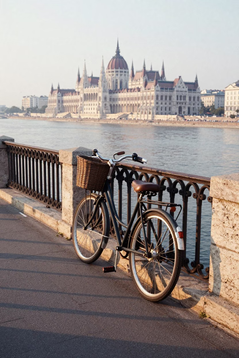 First Light Morning on Budapest Danube Promenade with Vintage Bicycle and Stone Quayside in in Budapest, Hungary