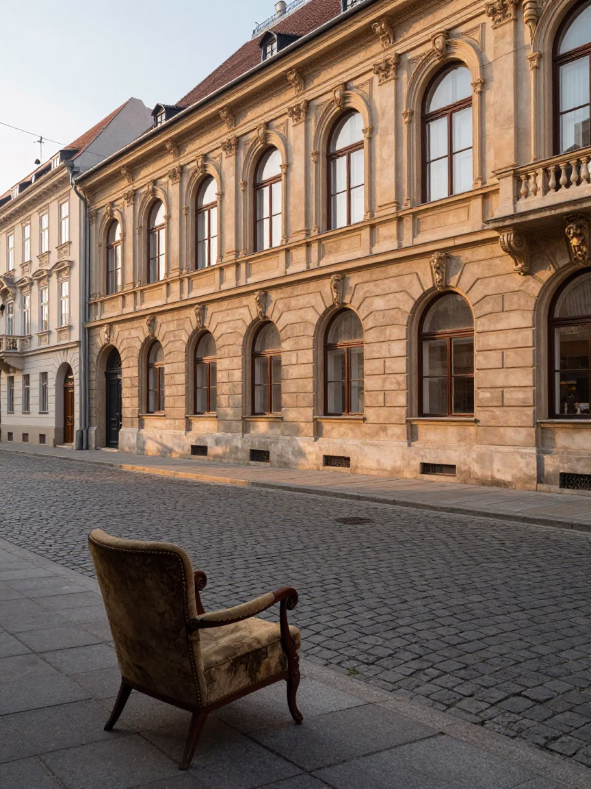 First Light Morning on Budapest Street with Vintage Armchair and Scarf in in Budapest, Hungary