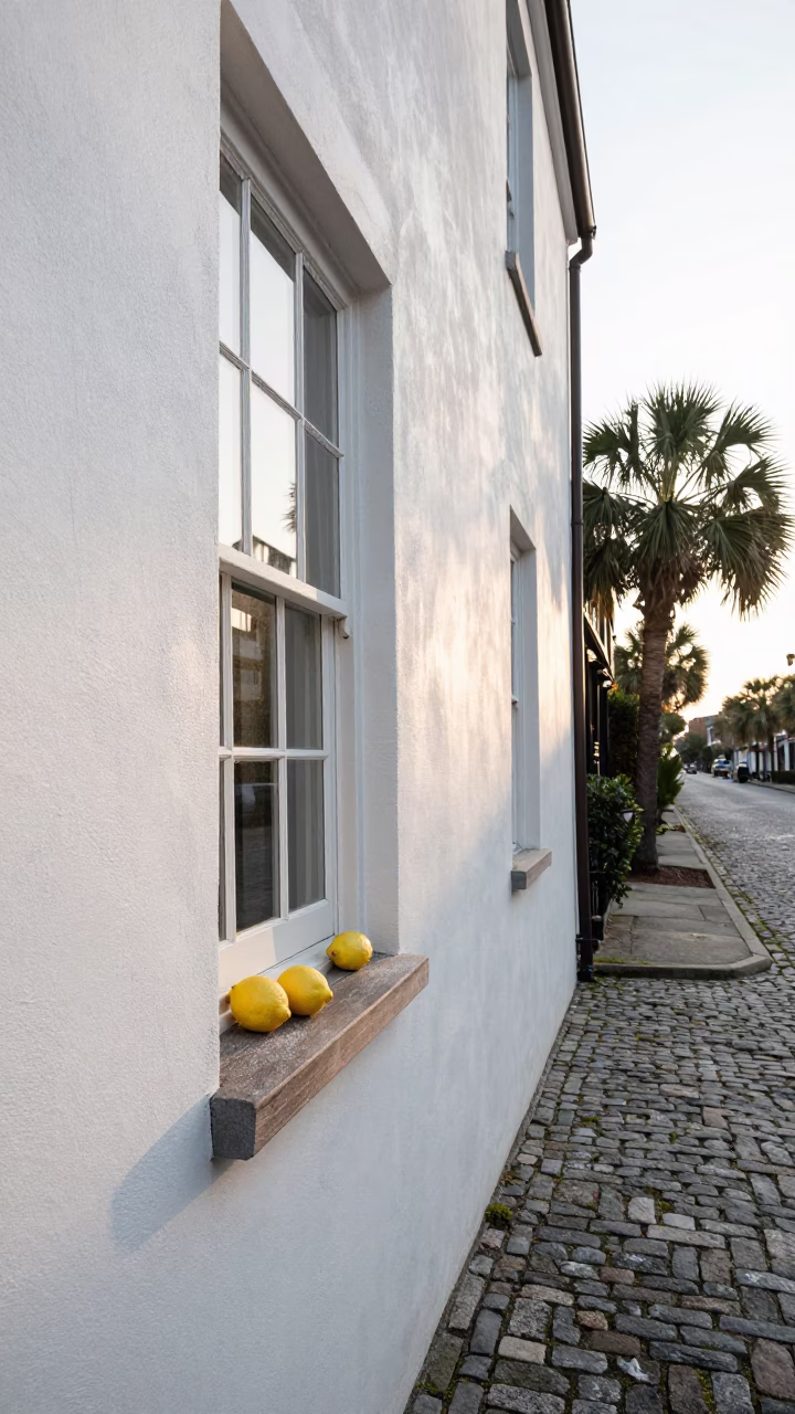 First Light Morning on Charleston Historic Street with Lemons and Dusty Sill in in Charleston, South Carolina, United States