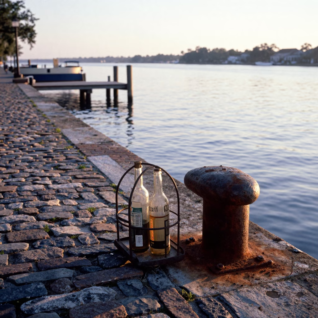 First Light Morning on Charleston Waterfront with Vintage Bottle Caddy and Ceramic Cup in in Charleston, South Carolina, United States